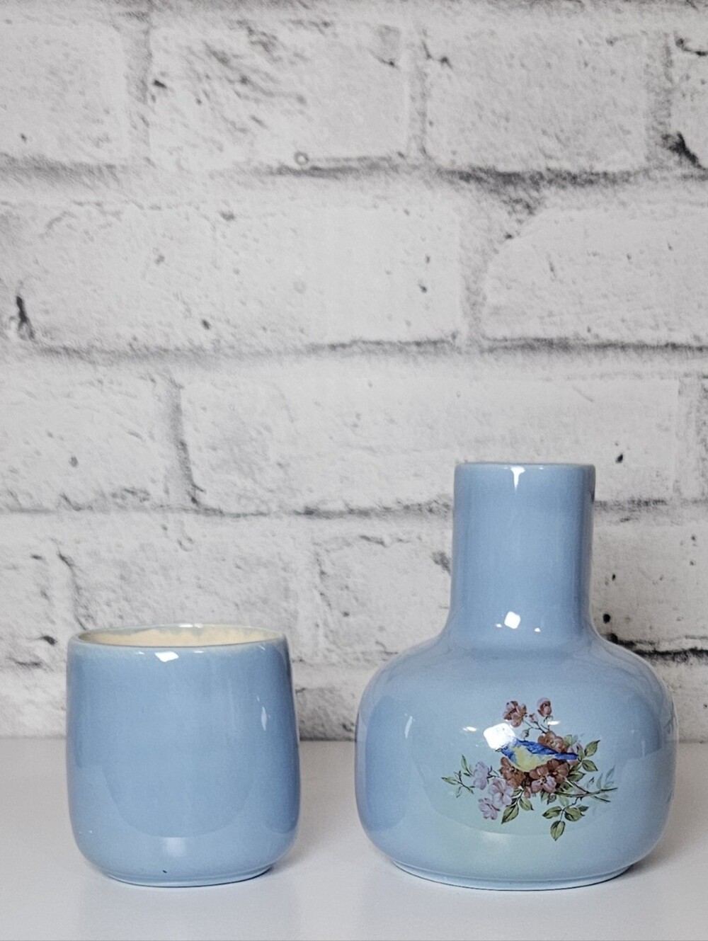 Vintage Blue Bird Floral Milk Cream Jug and Tumbler Set
